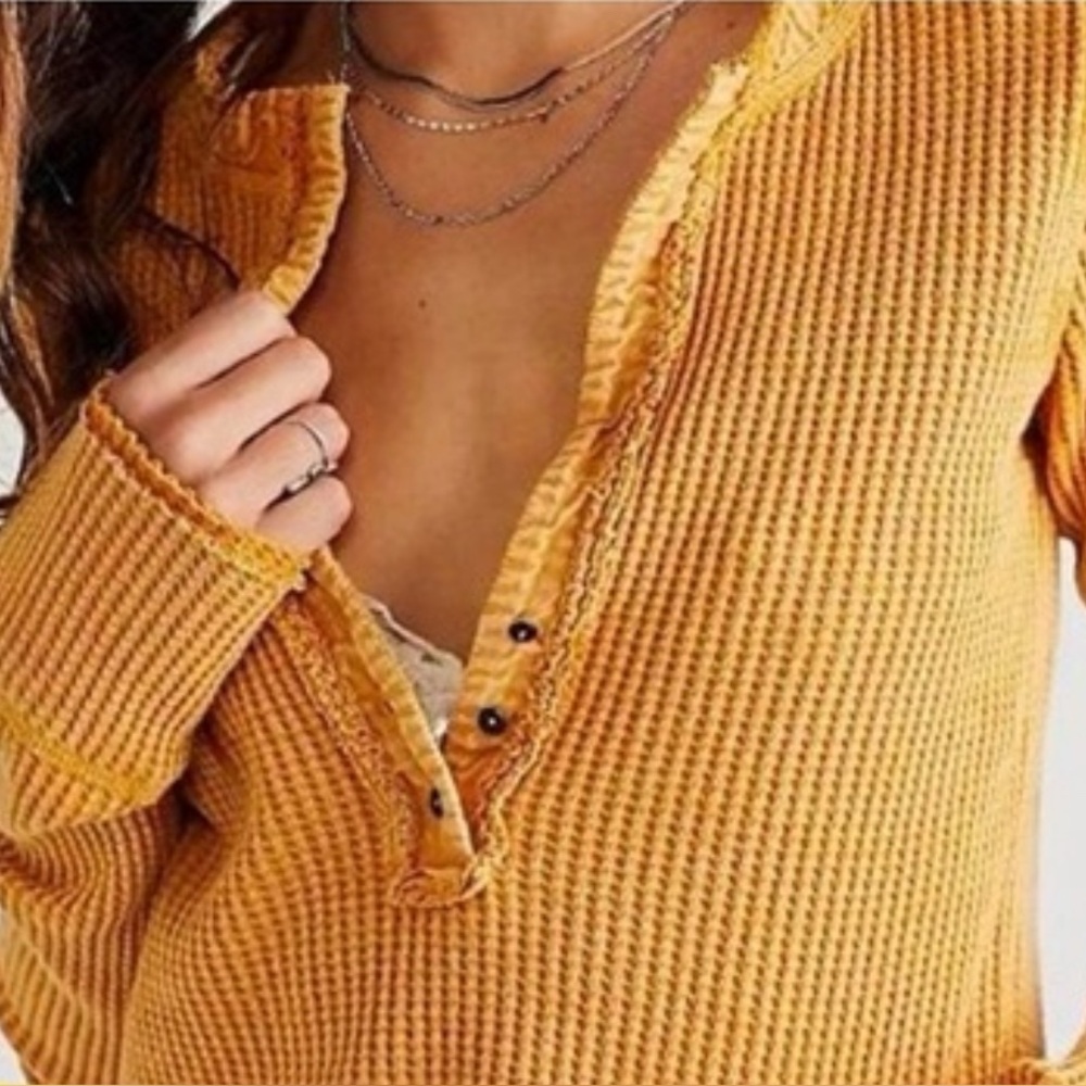 Free People Mustard Yellow Waffle Knit Sweater